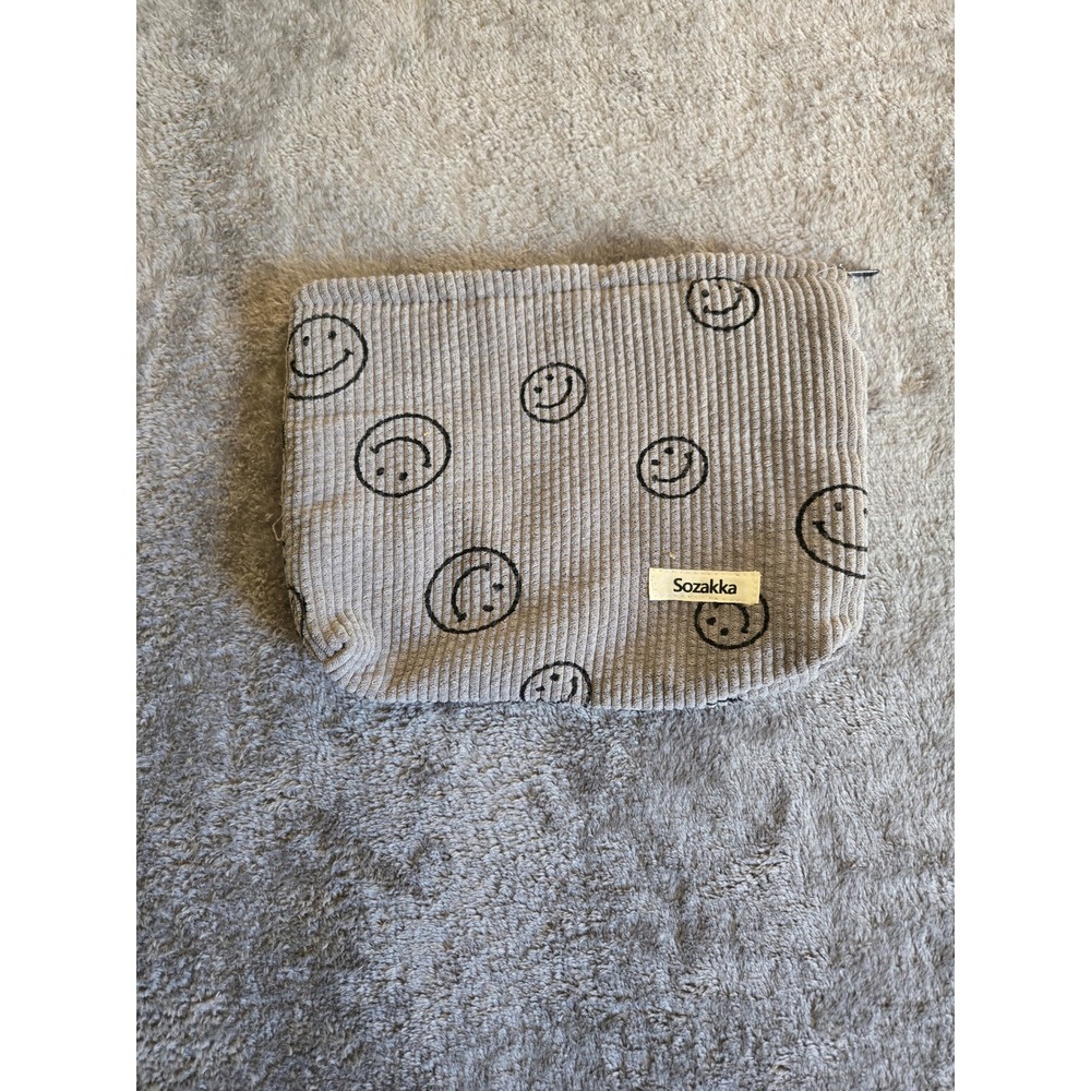 Sozakka Pouch Unisex Small Grey Good Smiley Face Corduroy Zipper Travel Bag